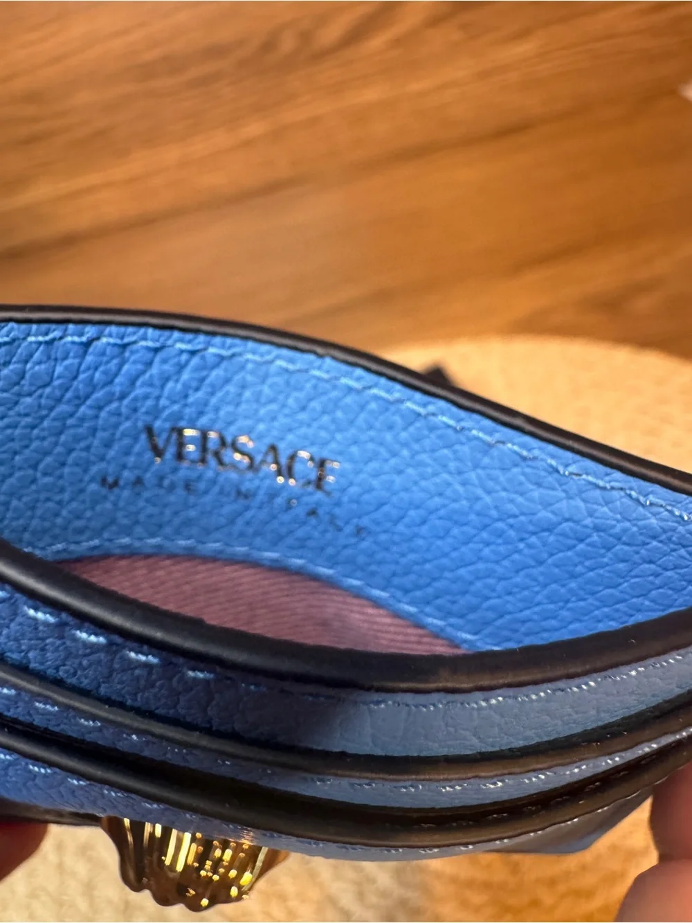 NEW Versace La Medusa Azure Blue Leather Card Holder Wallet With Box And Papers